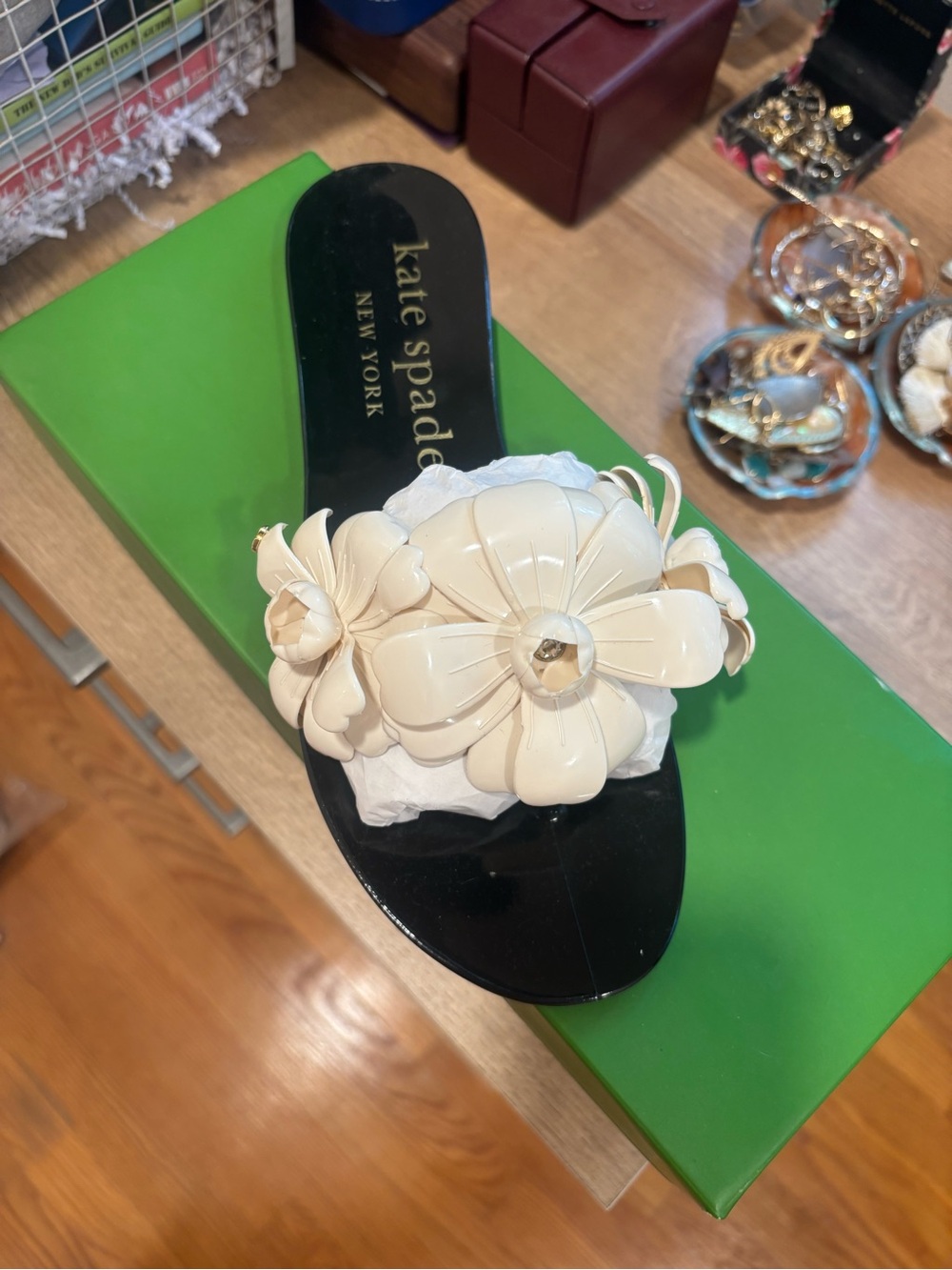 kate spade Ivory Floral Slide Mule with Black Footbed